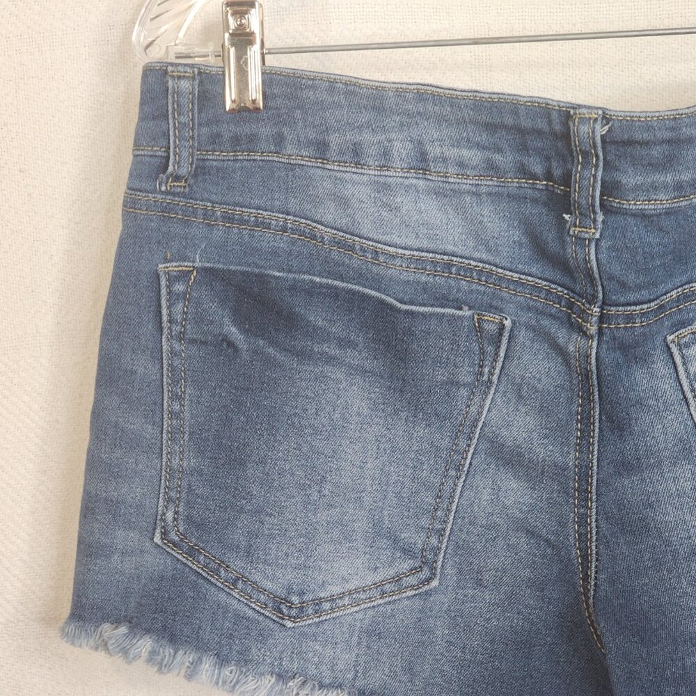 Rue21 Medium Wash Sunshine Cut Out Cotton Poly Viscose Span Cut Off Shorts Sz 12 - Picture 11 of 16